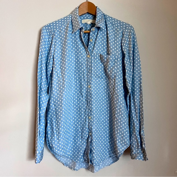 LOFT Blue Chambray Polka Dot Long Sleeve Button Down Women’s Shirt EUC Size XS - Picture 1 of 5